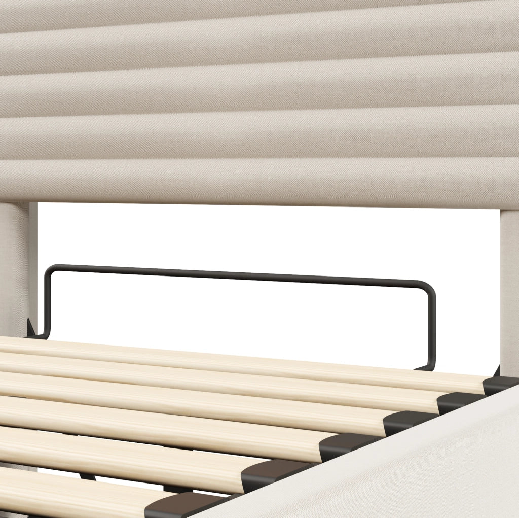 Letto imbottito 90x200 cm con contenitore idraulico; LED e porte USB/Type-C; beige