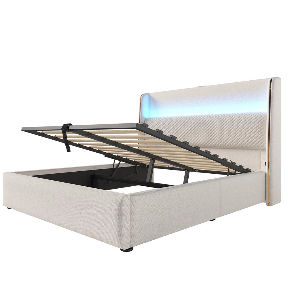 Letto Matrimoniale Moderno 140x200cm - Xylo - Testiera Alta Idraulica LED e USB, Tessuto Lino Beige