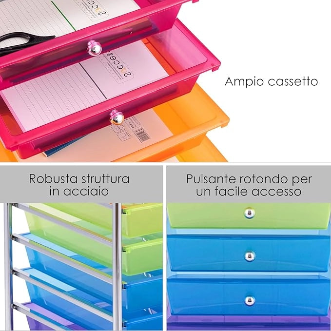 Carrello con 10 Cassetti da Stoccaggio, Cassettiera di Metallo e Plastica, Contenitore Multiuso con Ruote a Freno, per Casa e Ufficio (Multicolore)