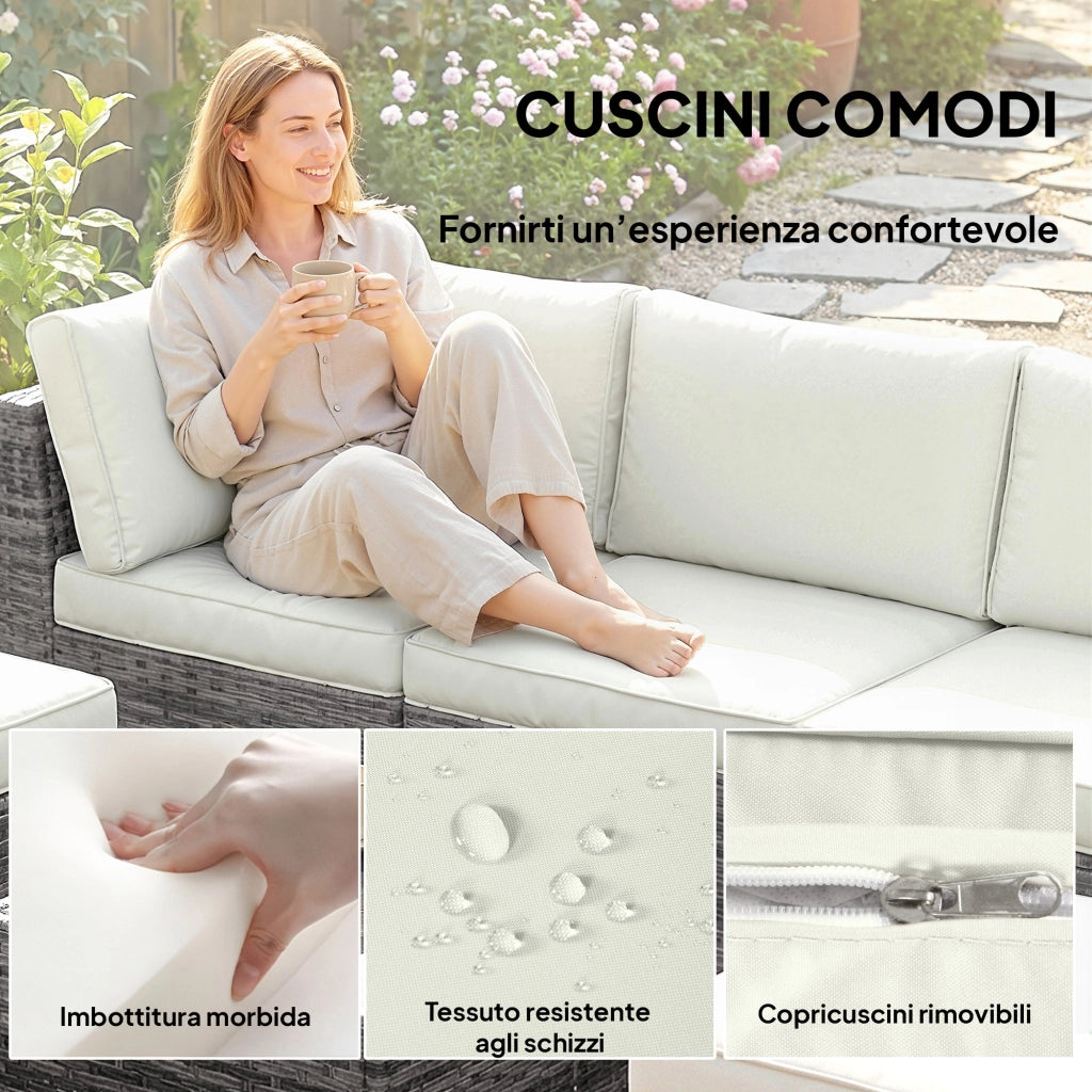 Set 6 Pezzi >Salotto da Giardino con Divano Modulare Tavolino e Cuscini in Rattan e Acciaio Grigio