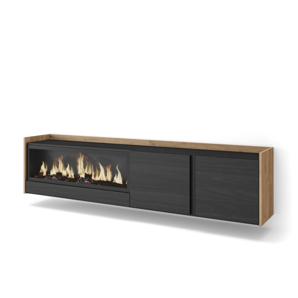 Mobile TV Soggiorno, 212x50x35 cm, Per TV fino a 80", Camino elettrico XXL, Sospeso, da appendere, Nero e rovere