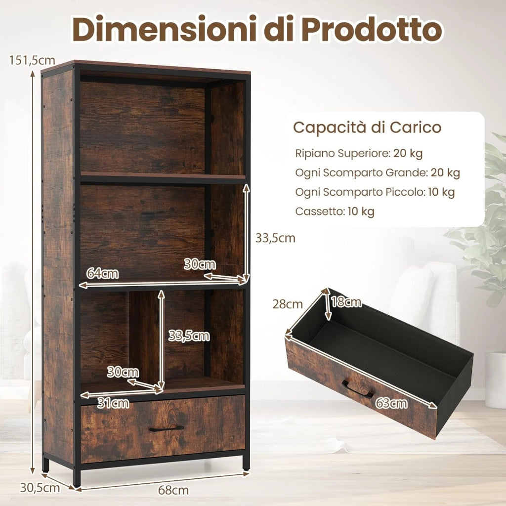 Libreria Scaffale a 3 Livelli, Mobile Alto con 4 Scomparti 1 Cassetto in Tessuto Pieghevole e 2 Dispositivi Antiribaltamento, per Studio e Ufficio, 68x30,5x151,5 cm (Marrone)