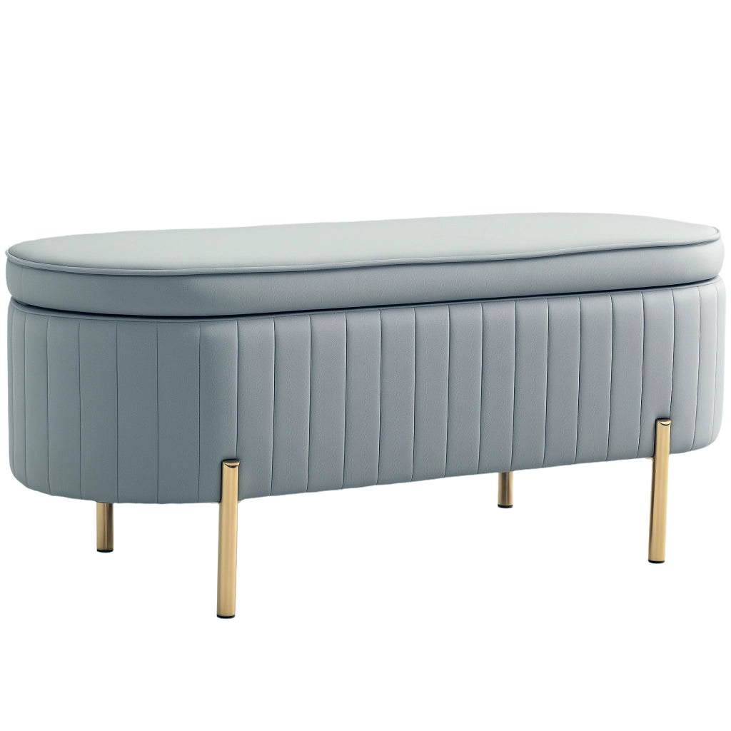 Panca Contenitore Ovale 108x44x43,5 cm con Coperchio Sollevabile in Tessuto Vellutato Grigio
