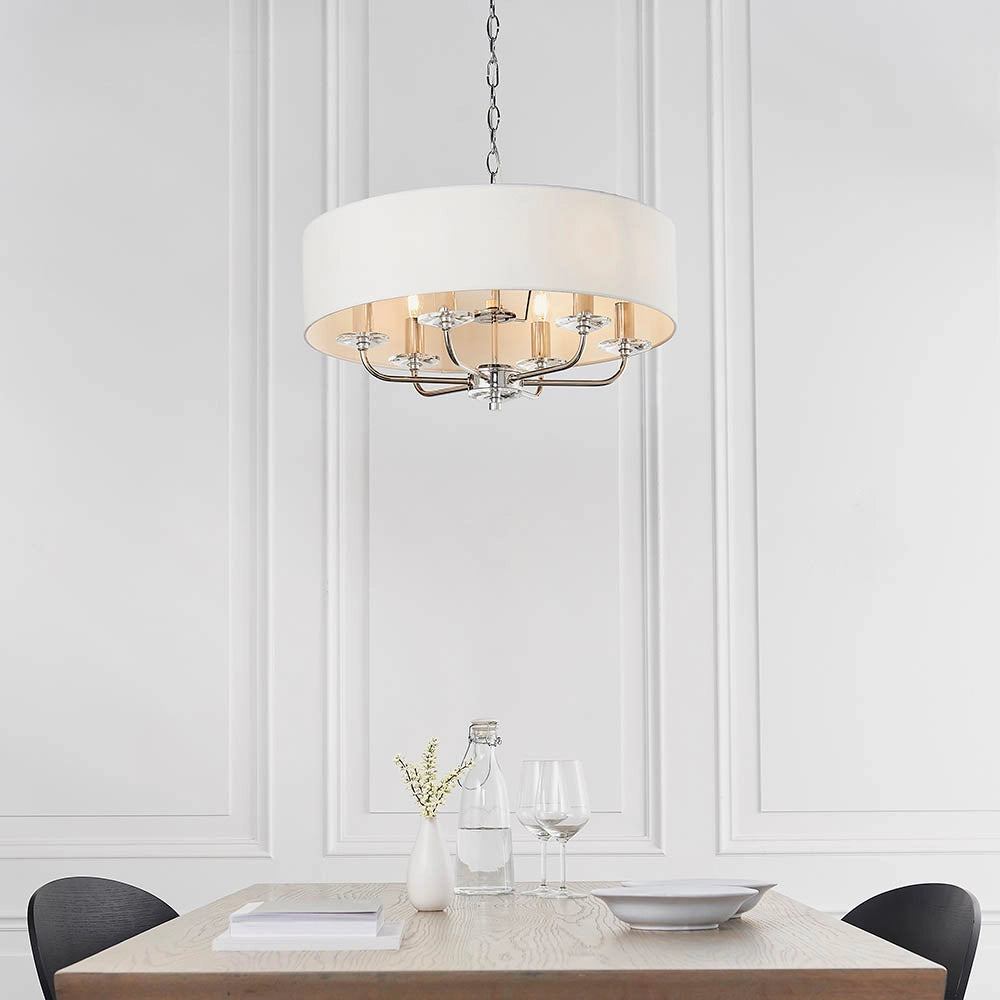 Lampadario Nixon 6 luci E14 nichel con paralume Endon