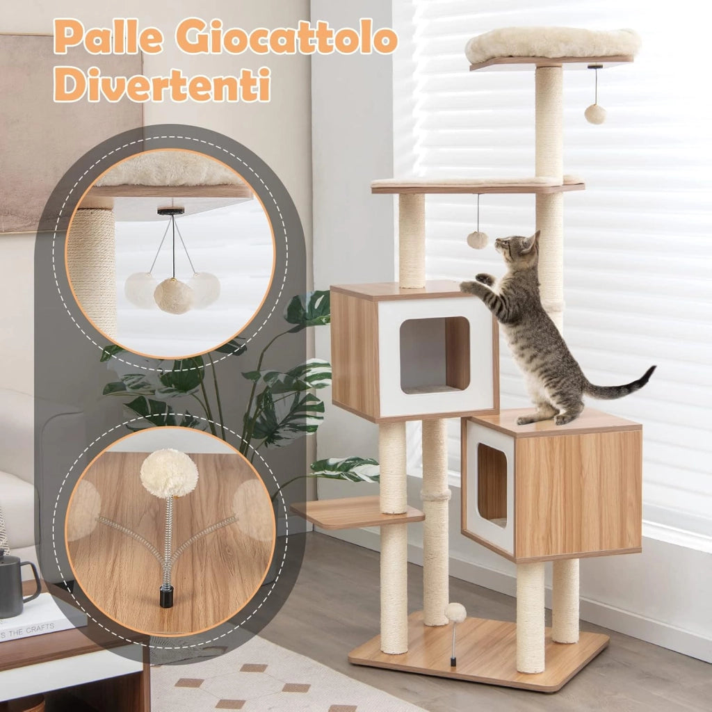 Tiragraffi per Gatti di Legno 163 cm, con Tiragraffi in Sisal, Cuscini Lavabili, Trespolo, 3 Palline e 2 Cuccia, Albero Tiragraffi per Gatti di Piccole e Grandi Dimensioni