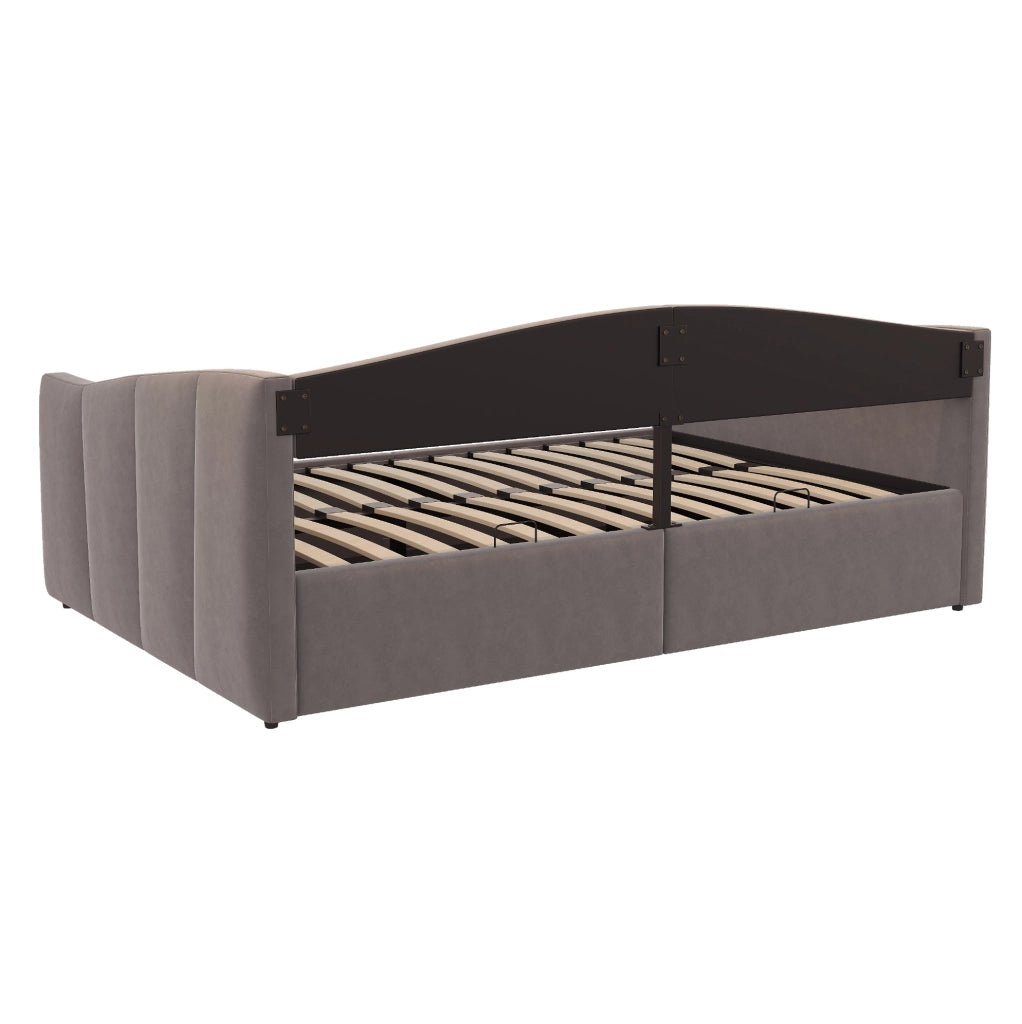 Divano letto imbottito 140x200 cm con contenitore idraulico; velluto grigio; rete a doghe