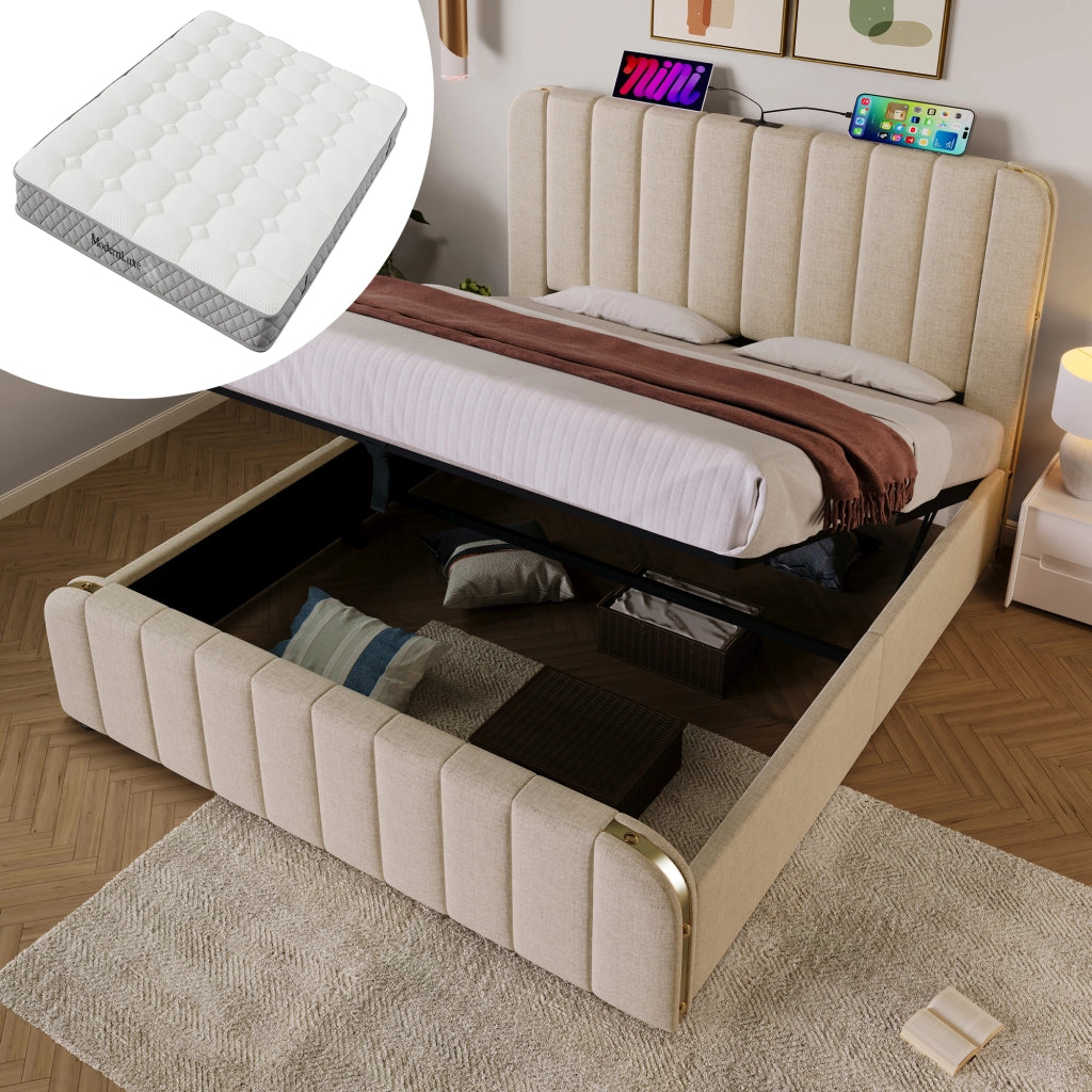 LETTO Contenitore 140x200 cm in lino beige con materasso incluso