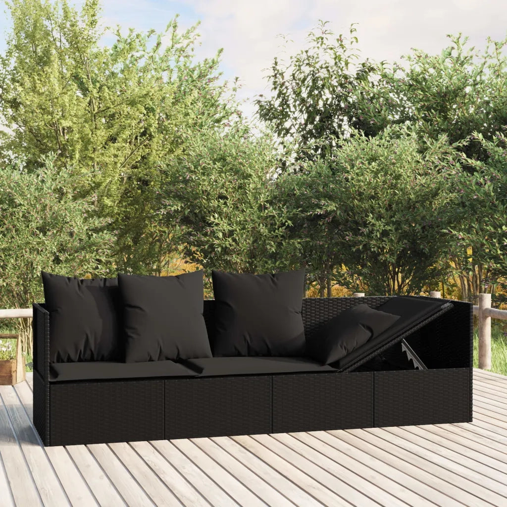 Lettino Prendisole da Esterno con Cuscini Nero in Polyrattan 319565