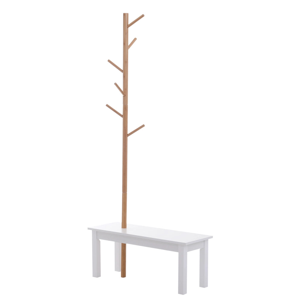 Panca con Appendiabiti da Ingresso, Attaccapanni da Terra in Bamb¨´, Panca da Ingresso Bianca, Design, anche per Camera da Letto, 80x30x180cm, Bianco Legno