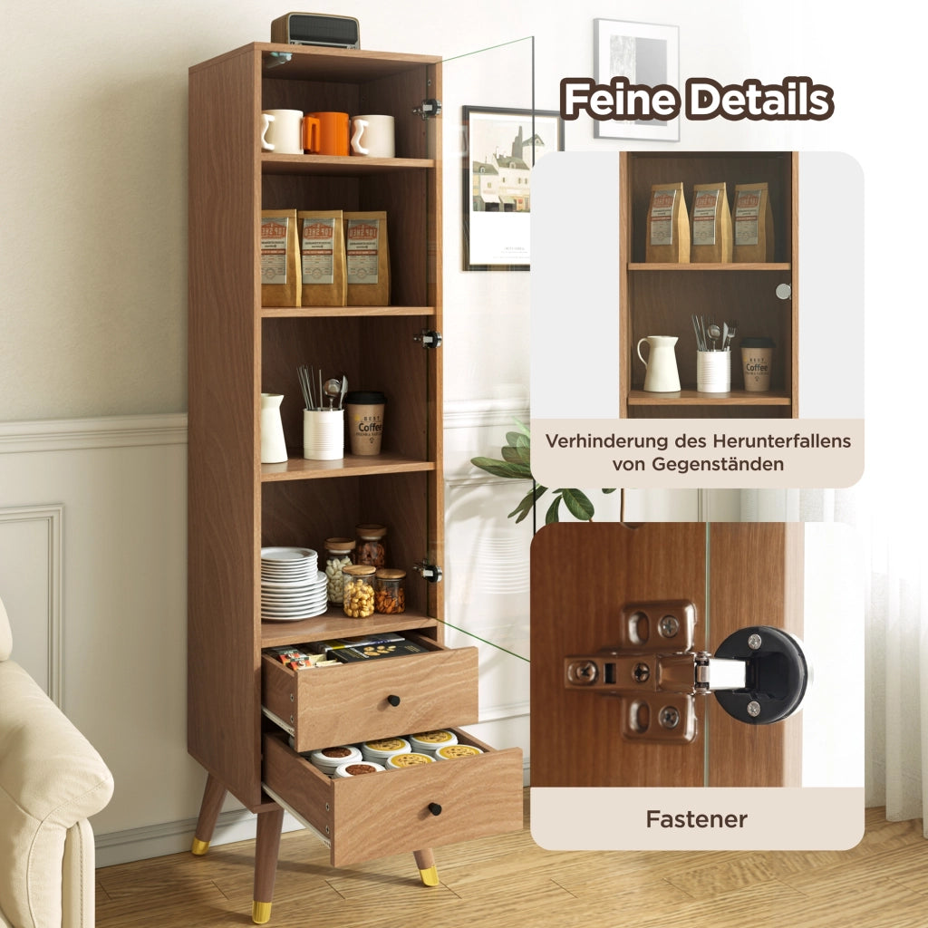 Vetrina con porta in vetro, 3 ripiani regolabili, 2 cassetti e push-to-open per soggiorno, in MDF effetto legno