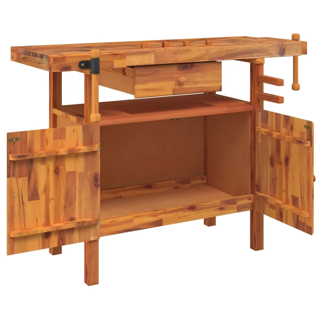 Banco da lavoro con cassetto e morse 124x52x83 cm in legno massello di acacia 153321