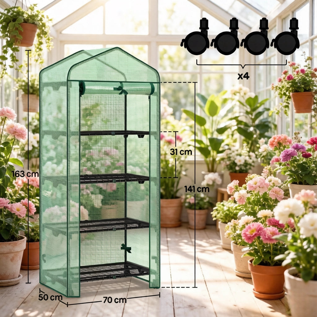 Serra a tunnel con ruote e 4 ripiani in rete, porta a zip arrotolabile, in PE e acciaio, verde, 70 × 163 × 50 cm