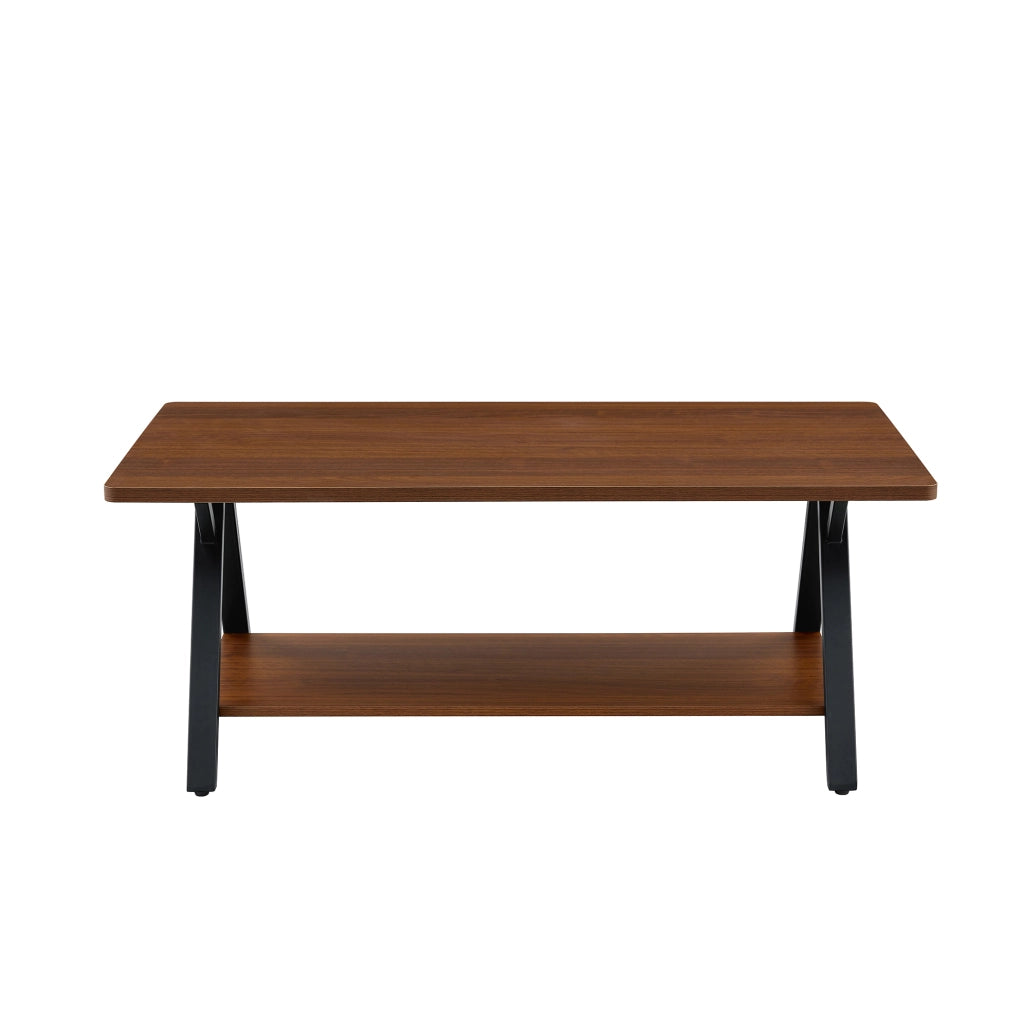 Tavolino da caffè 110x57x44.5 cm con doppio ripiano; MDF e metallo; noce