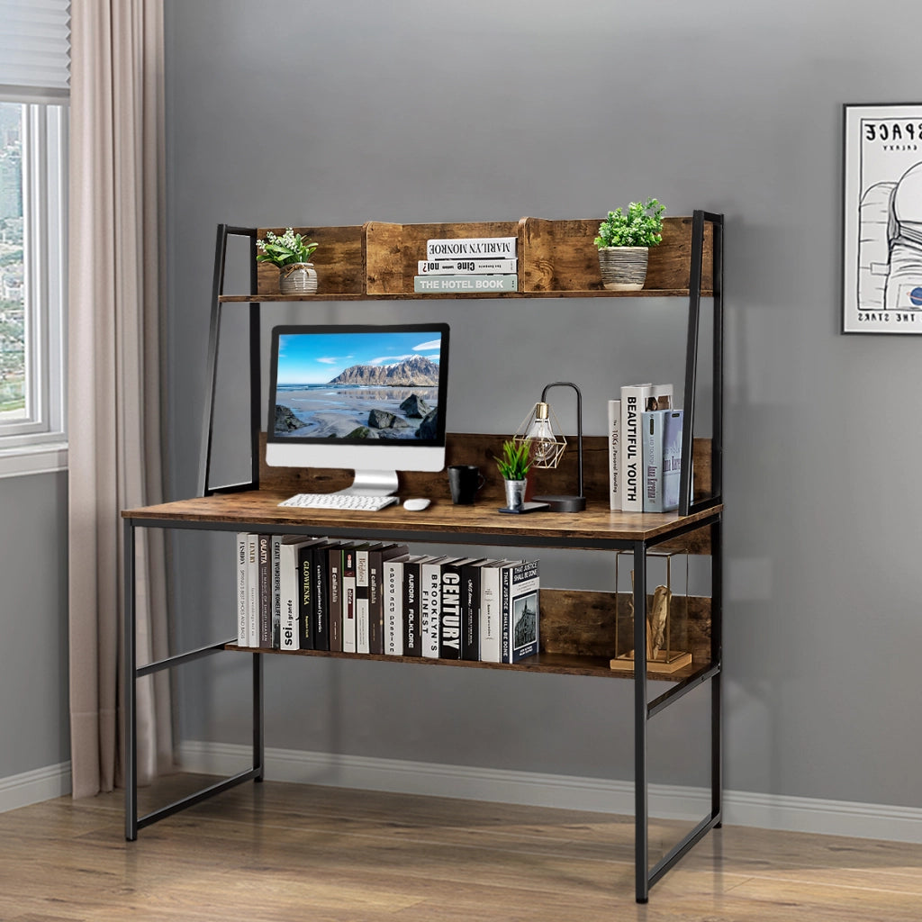 Scrivania per computer con 3 scomparti libreria e ripiano, Scrivania da 120cm salvaspazio per ufficio Marrone-Scrivanie