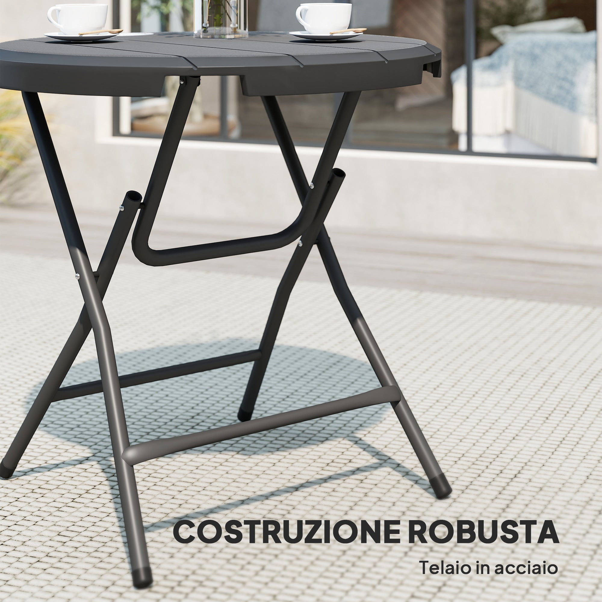 Tavolo da Giardino Ø80x73 cm Rotondo Pieghevole per 4 Persone in Alluminio e Plastica HDPE Grigio