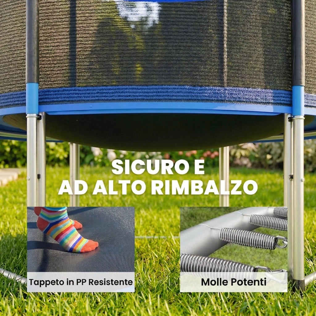Trampolino 244 cm, Rete di Protezione inclusa, Scala per accesso.