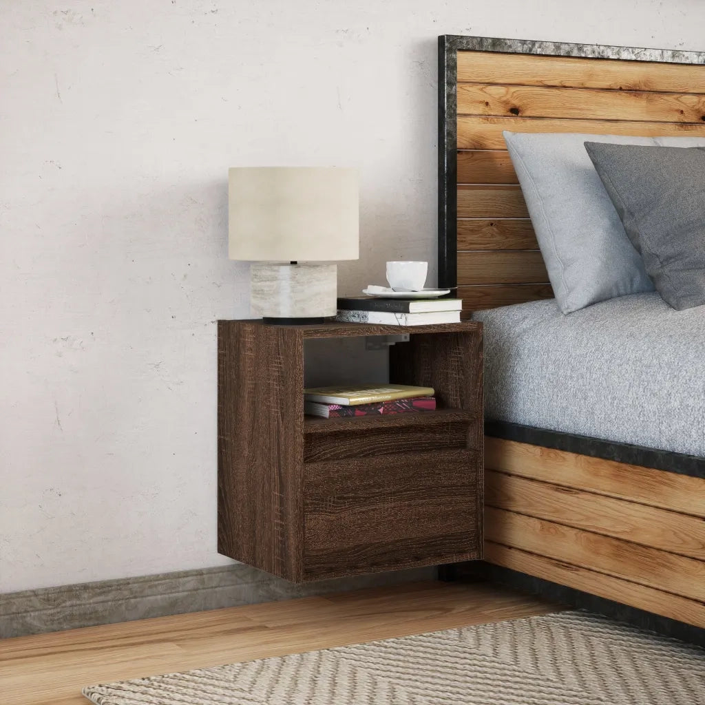 Comodino | Armadio da Notte | Mobiletto da notte a Parete con luci LED Rovere Marrone