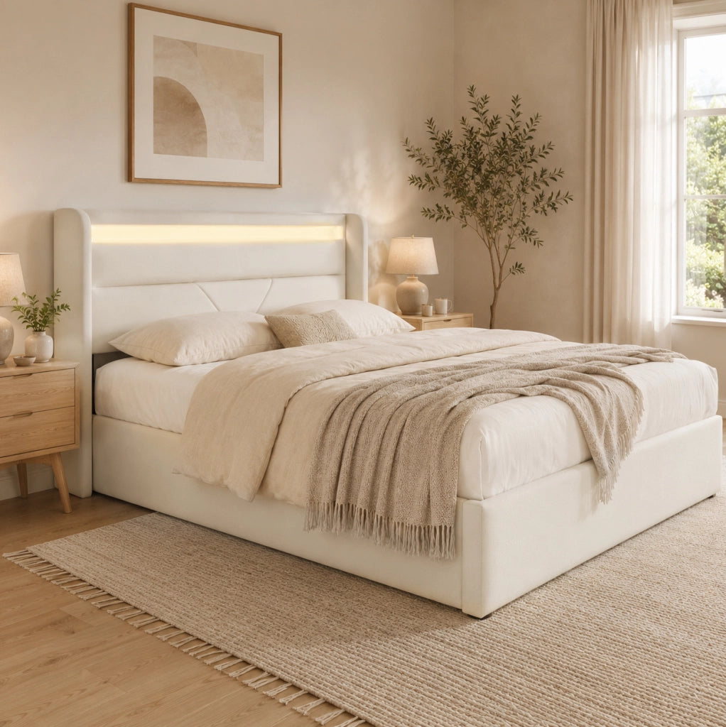 Letto matrimoniale imbottito 160x200 cm con contenitore; LED e rete ribaltabile; bianco in PU