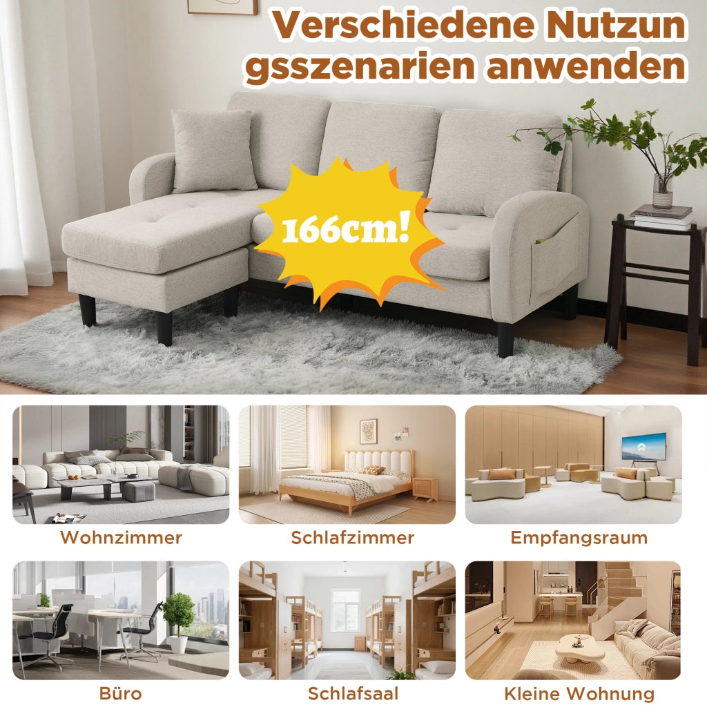 DIVANO ANGOLARE MODULARE 166 x 118 x 77 cm Tessuto misto cotone-lino Beige Grigio/Bianco