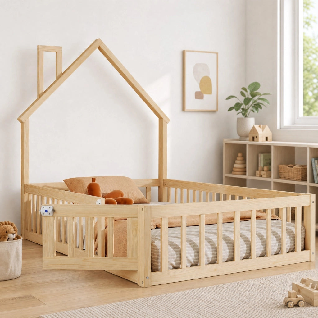 Letto a casetta per bambini 90x200 cm con camino, naturale