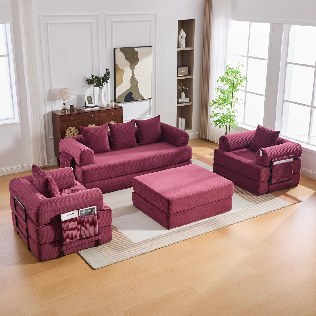 Divano modulare 3 posti - con tasca laterale e cuscini - in corduroy bordeaux