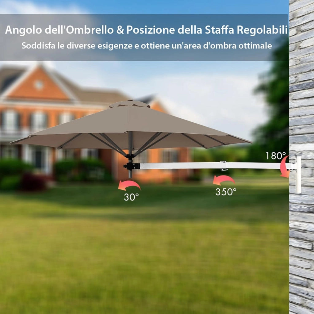 Ombrellone da Parete 250 cm, Ombrellone da Muro per Giardino con Angolo Regolabile, Parasole Esterno Pieghevole Anti UV, per Giardino, Balcone e Cortile (Marrone)