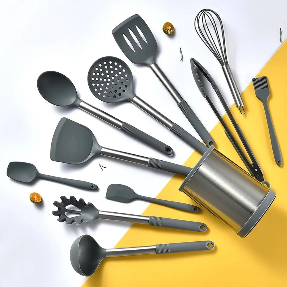 Trade Shop - Set 12pz Utensili Da Cucina Mestoli In Silicone Acciaio Antiaderente Portaposate Girevole -