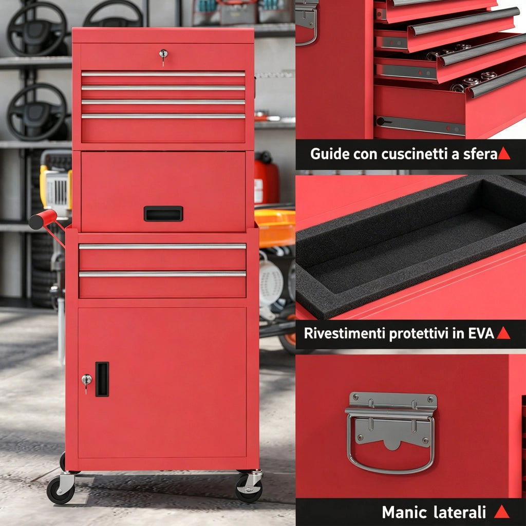 Carrello Porta Attrezzi 60,5x33,5x131 cm con Serratura 6 Cassetti 2 Armadi in Acciaio Rosso