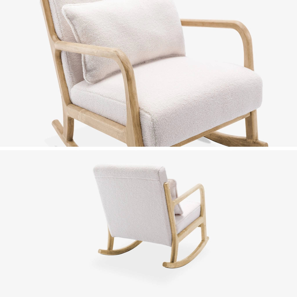Poltrona scandinava a dondolo in legno e tessuto bouclé, crema