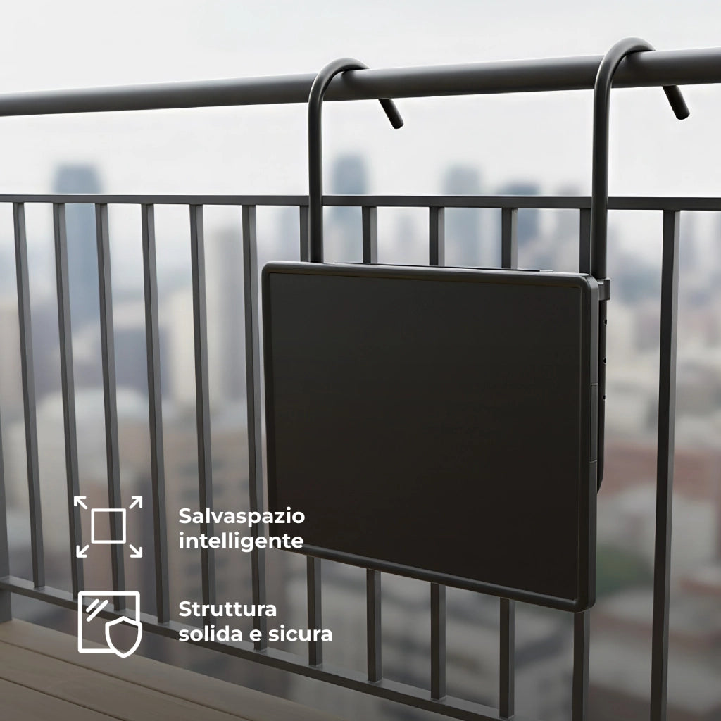 Tavolo da Balcone Pieghevole da Ringhiera 53x40 cm – Tavolino Salvaspazio Regolabile per Esterni, Struttura in Metallo Resistente,Altezza Regolabile per Ringhiera Terrazzo, Giardino e Appartamento  Nero