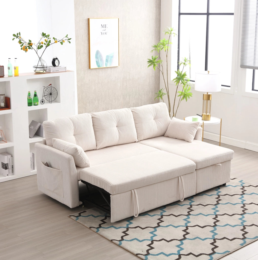 Divano letto modulare beige in velluto a coste con contenitore