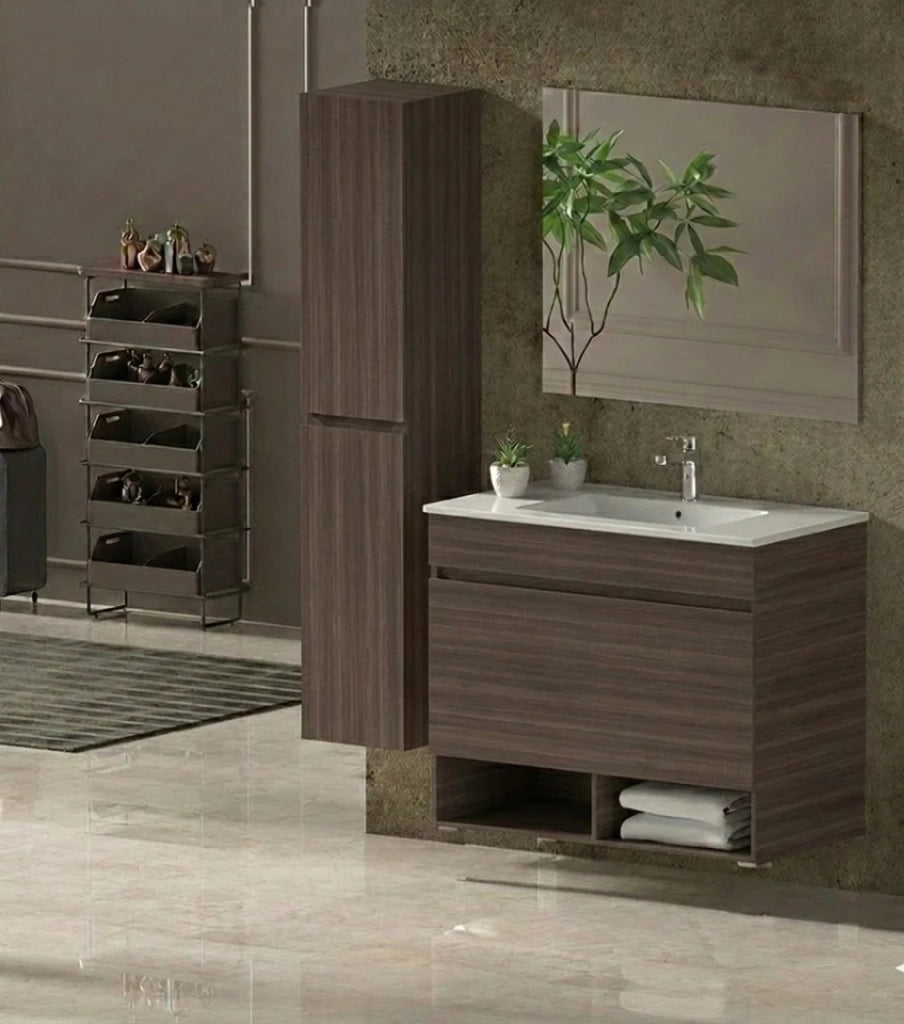 Mobile Bagno NEBARI Già Montato 1 cassetto, lavabo e specchio Frassino tea 100x40 cm con colonna