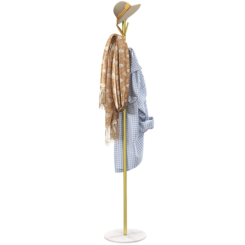 Appendiabiti da Terra Autoportante con 8 Ganci, Base in Marmo e Acciaio, ?32x164cm, Oro