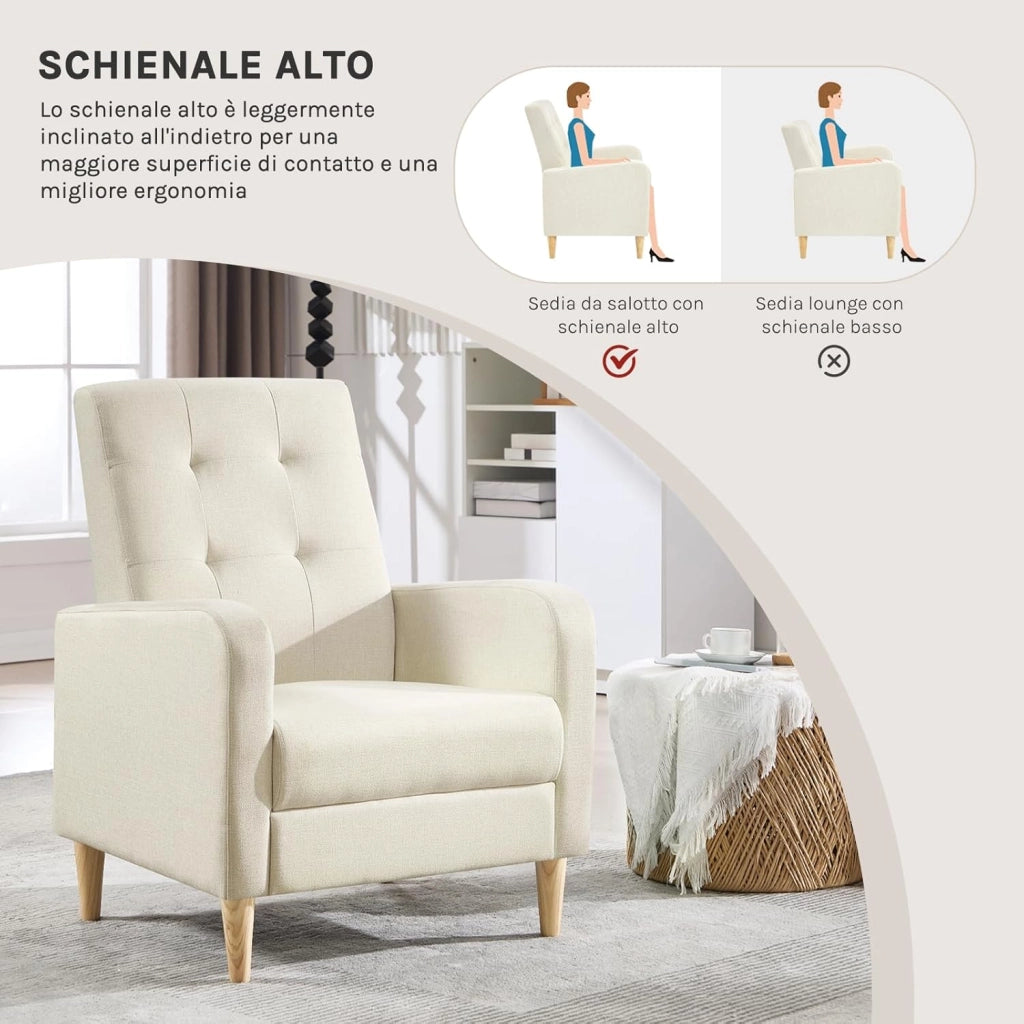 Poltrona da Salotto, Poltrona Relax con Schienale Alto, Sedia di Relax con Pieno Legno Massello Piedi, Seduta Imbottita, Rivestimento in Lino, per Salotto, Ufficio, Beige, SKS41be