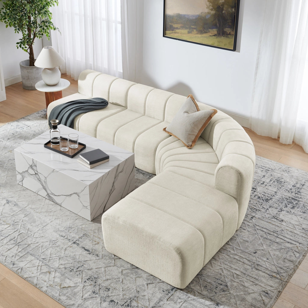 Divano angolare modulare a 4 posti in chenille beige con moduli combinabili e seduta versatile