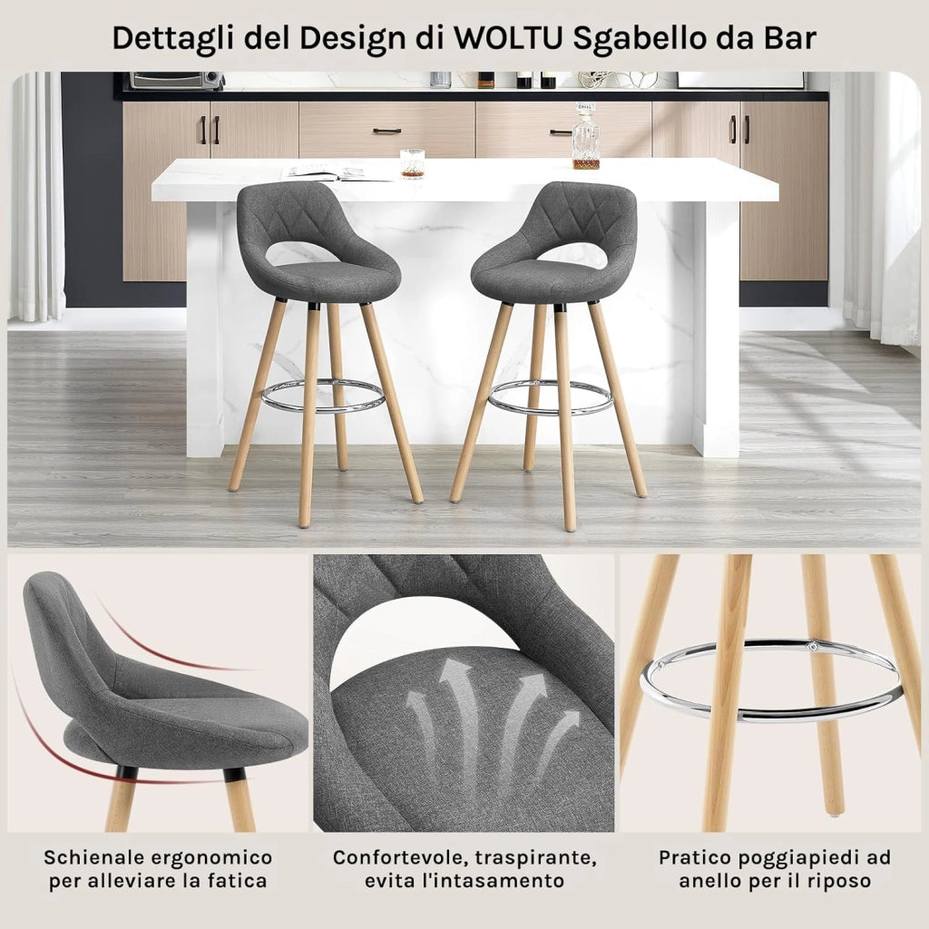 Sgabelli da Cucina Set di 4, Sgabello da Bar per Colazione, Sgabelli Alti con Poggiapiedi e Schienale, Sedile in Lino+Gambe in Legno, Grigio Scuro, BH111dgr-4