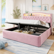 Letto imbottito 180x200 cm rosa con contenitore idraulico; USB e USB-C; testiera con LED