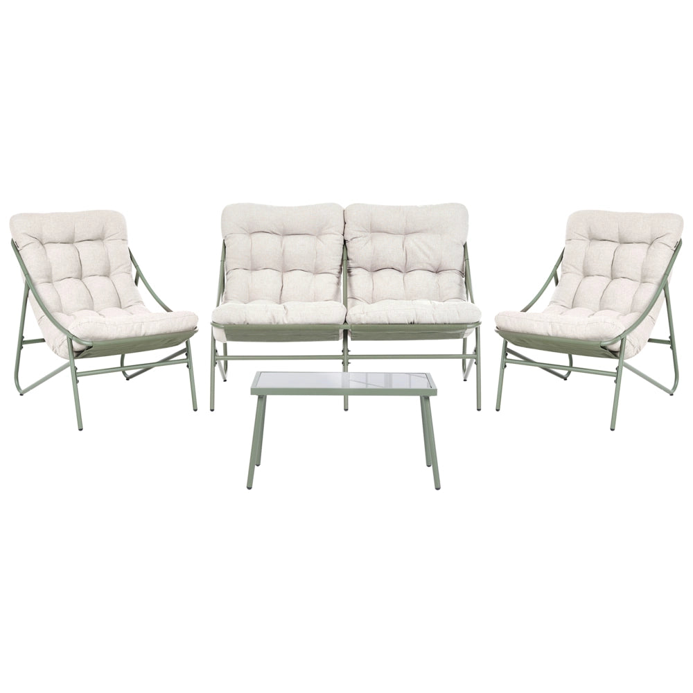 Set da esterno: struttura in acciaio verde e beige, sedute in tessuto divano a due posti con poltrone e tavolino