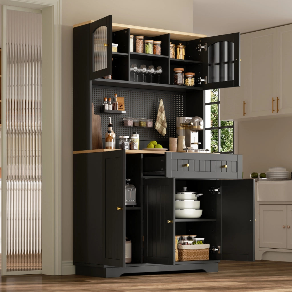 Armadio alto da cucina con vetrina e pannello forato 103,5x40x180 cm nero