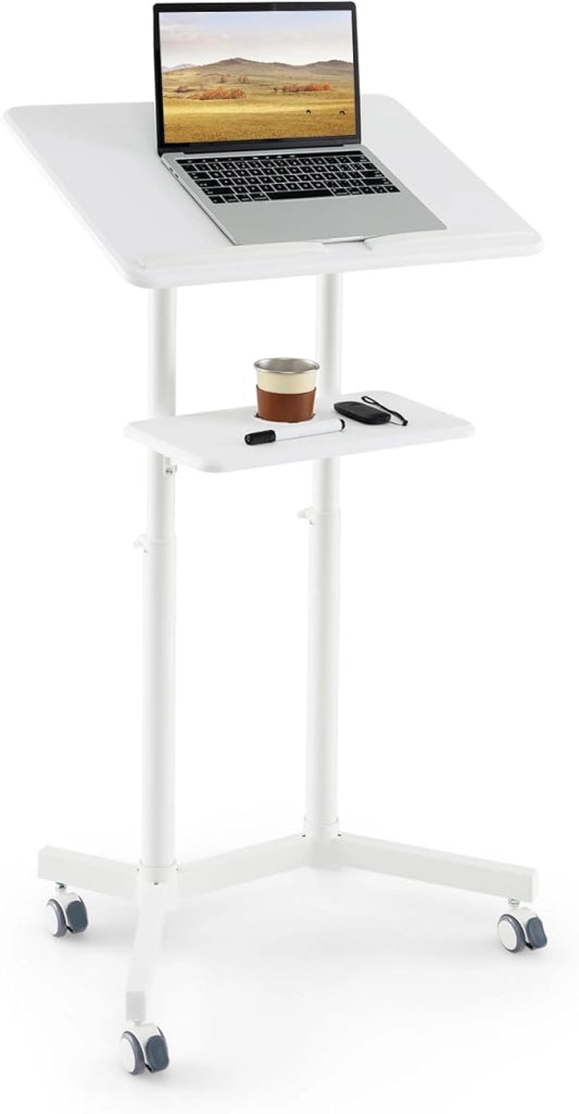 Podio per Conferenze, Pulpito Portatile per Laptop con Piano Inclinabile e Regolabile in Altezza, Vassoio Portaoggetti, Portabicchieri e Ruote Bloccabili (Bianco)
