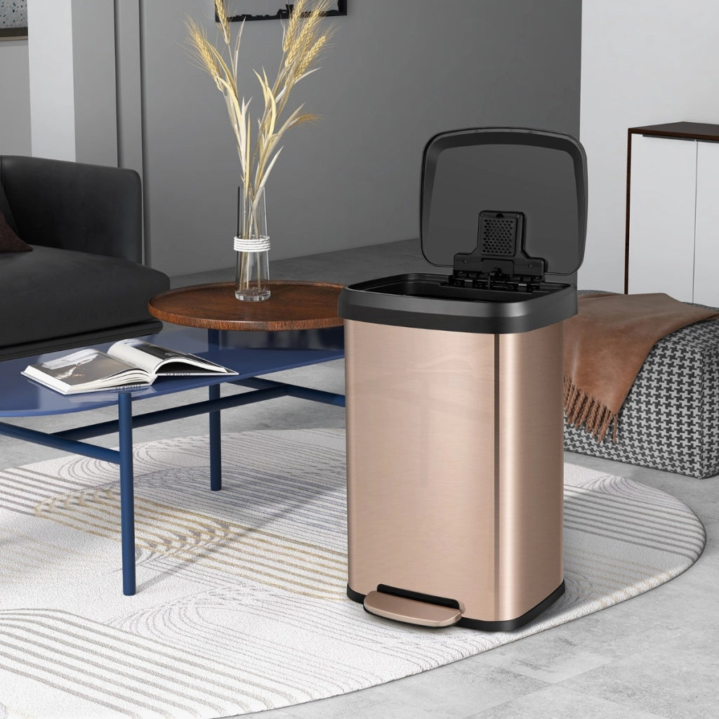 Cestino dell'immondizia in acciaio inox con coperchio con chiusura automatica, Bidone della spazzatura 50L Rosa doratoe-Organizzazione della cucina
