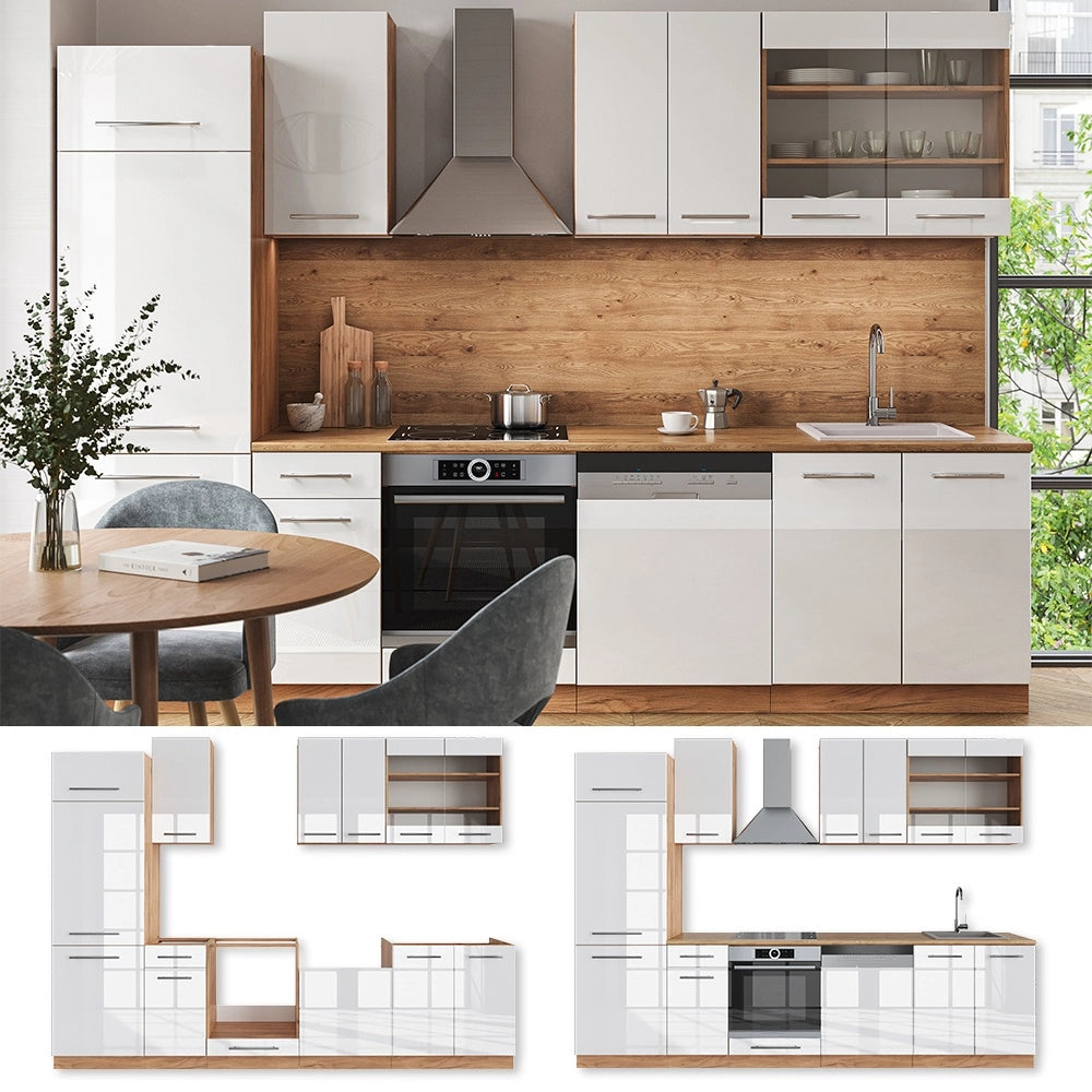 Cucina componibile Fame-Line Bianco lucido/Rovere dorato 300 cm, PL Marmo Vicco