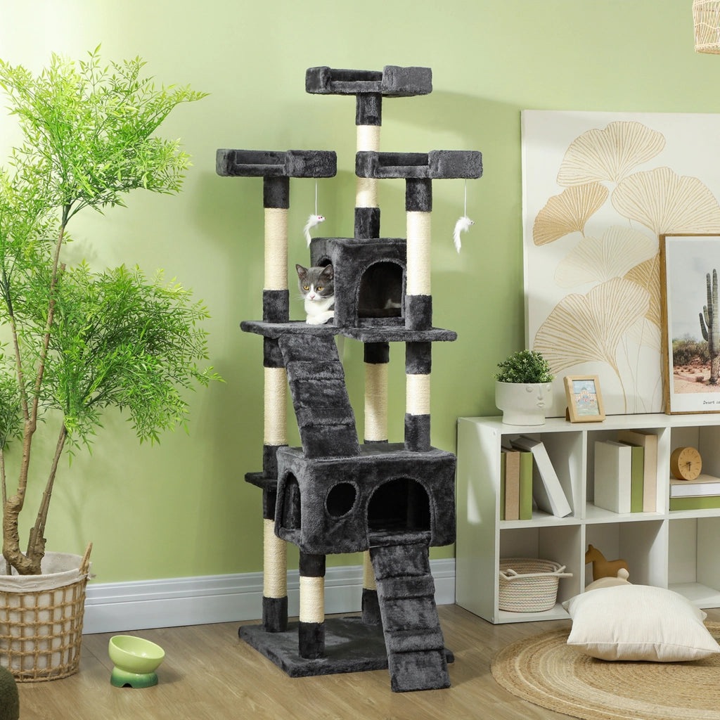 Tiragraffi XXL con cuccia, scaletta, albero per arrampicarsi, multilivello, grigio, 50x50x170 cm