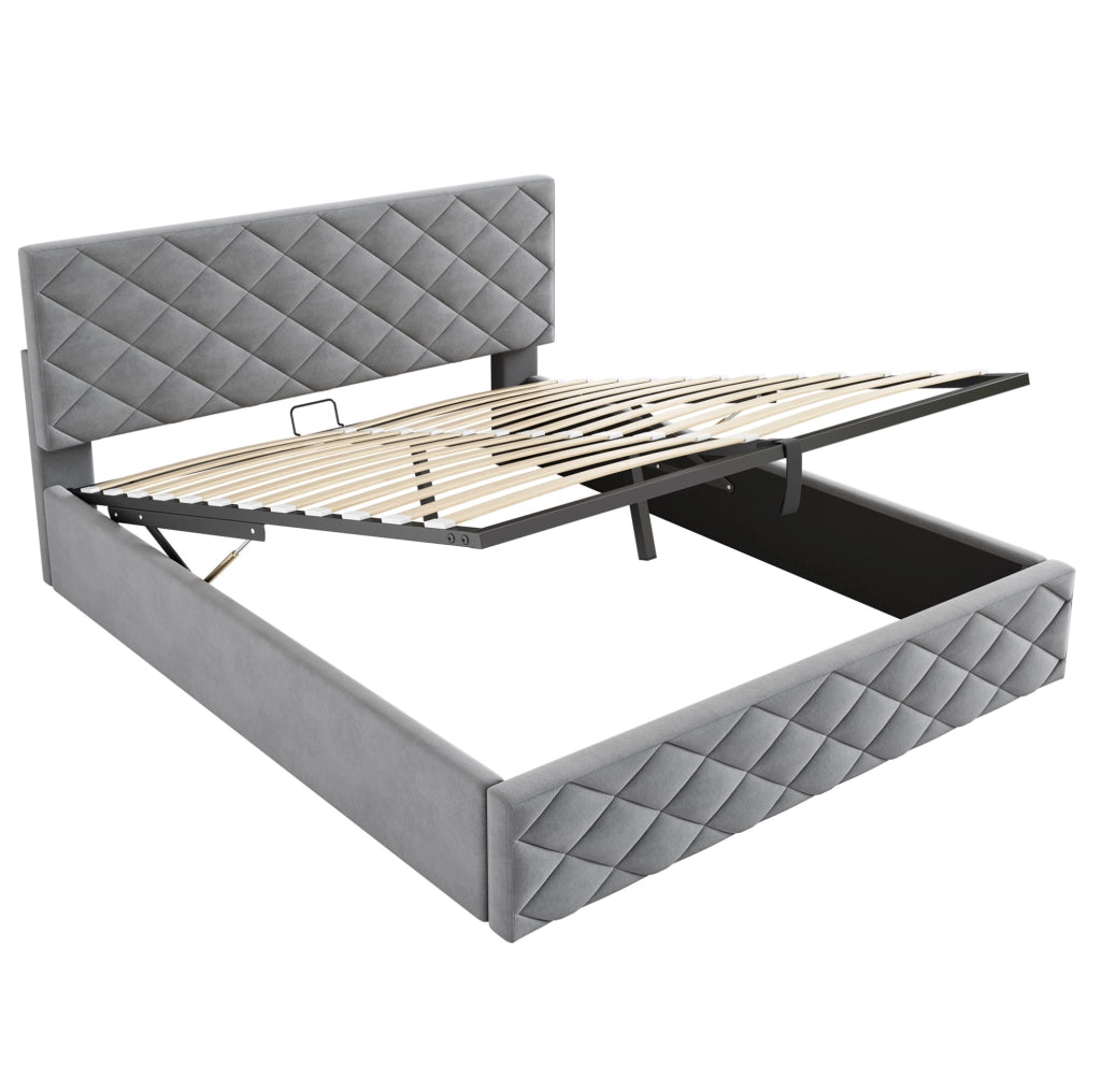 Letto imbottito 140x200 cm con contenitore e rete a doghe in velluto grigio