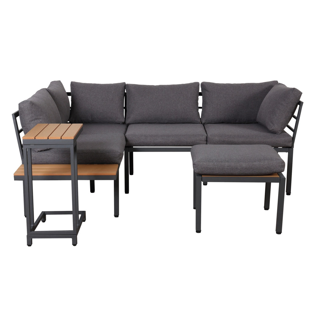 Set mobili da giardino con divano angolare; tavolino laterale e tavolino trasformabile in pouf; grigio e nero