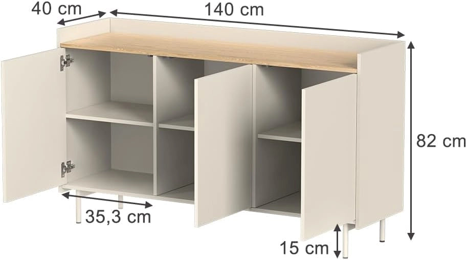 Credenza Velina, Crema, 140 x 82 cm con 6 scomparti, adatto per riporre abiti e oggetti per la casa