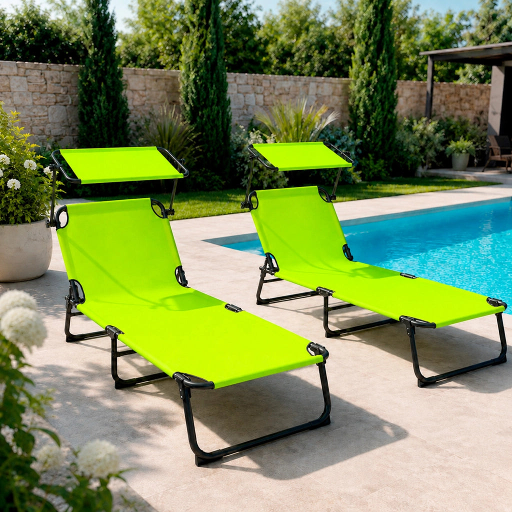 Lettino Prendisole Pieghevole Con Tettuccio Parasole Schienale Reclinabile Regolabile Telaio In Metallo Nero 187 x 53 x 24 Cm Verde Fluo