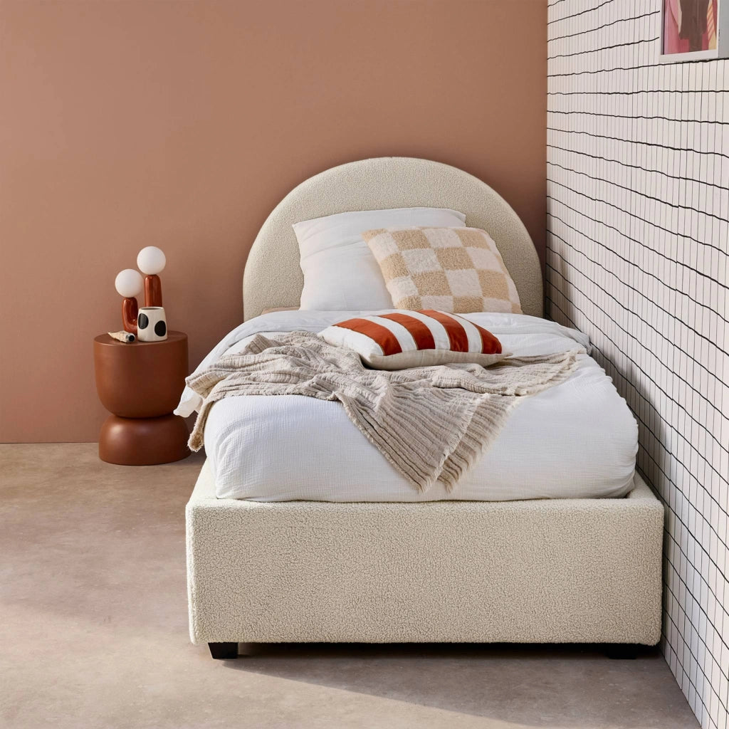 Struttura letto con contenitore e testiera 90x190cm, imbottita bouclé,