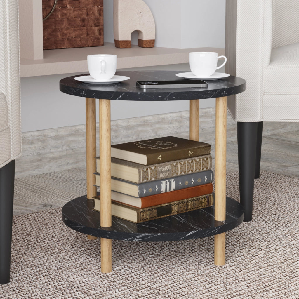 Tavolino Rotondo VES con 2 Piani di Appoggio 49xØ42 cm Effetto Marmo Nero [en.casa]