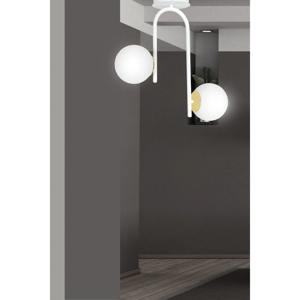 Lampadario 2 Luci Kalf In Acciaio Bianco A Bracci E Sfere In Vetro Opalino E Oro